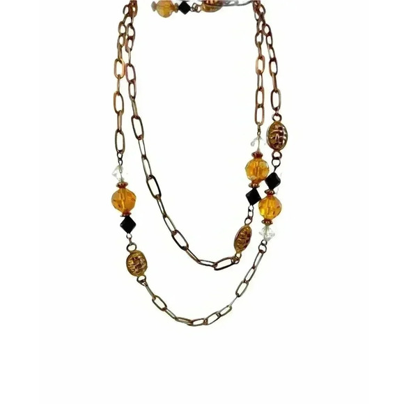 Brown Glass Bead Station Necklace Bronze Toned Tan Orange Black Chain 37" - Picture 5 of 9